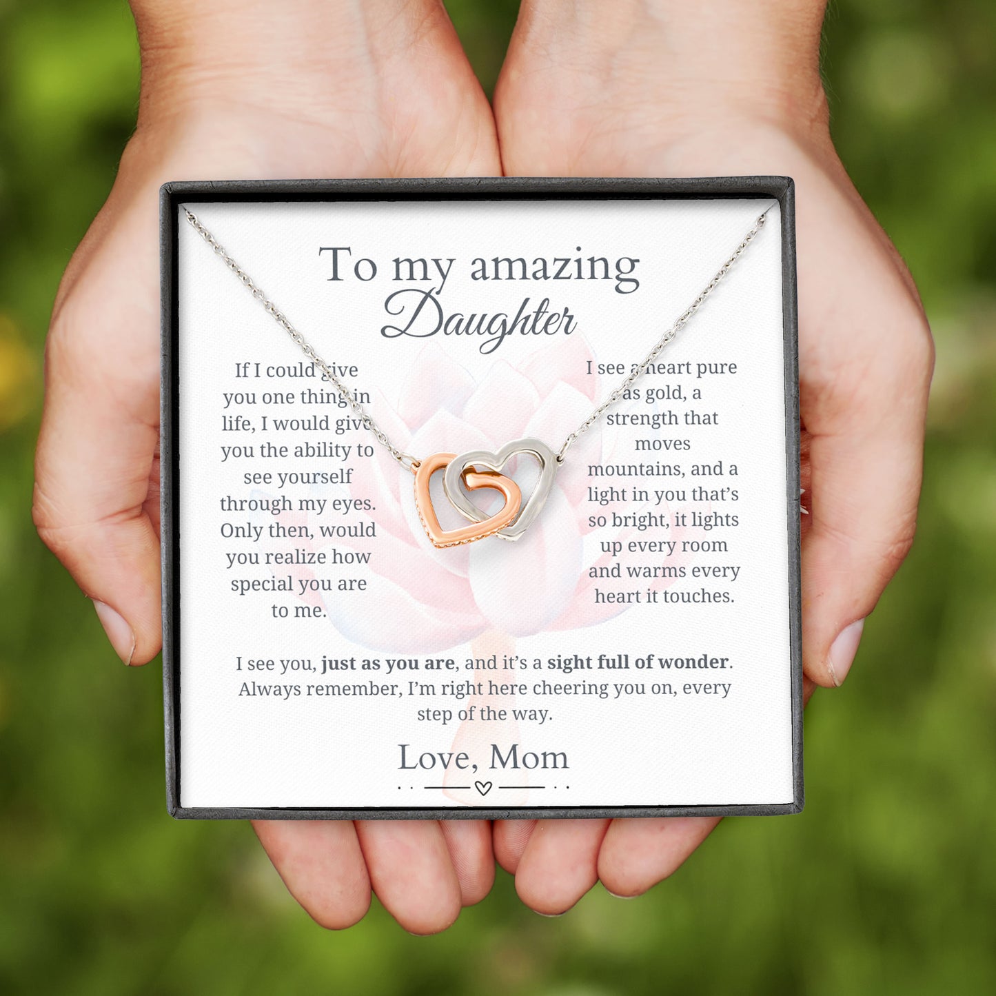 To My Daughter - Heart as pure as gold - Interlocking Hearts Necklace [PERSONALIZED]